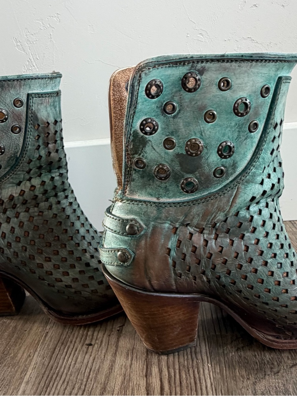 Corral Teal-Green Distressed Perforated Leather Bootie - Picture 5 of 7